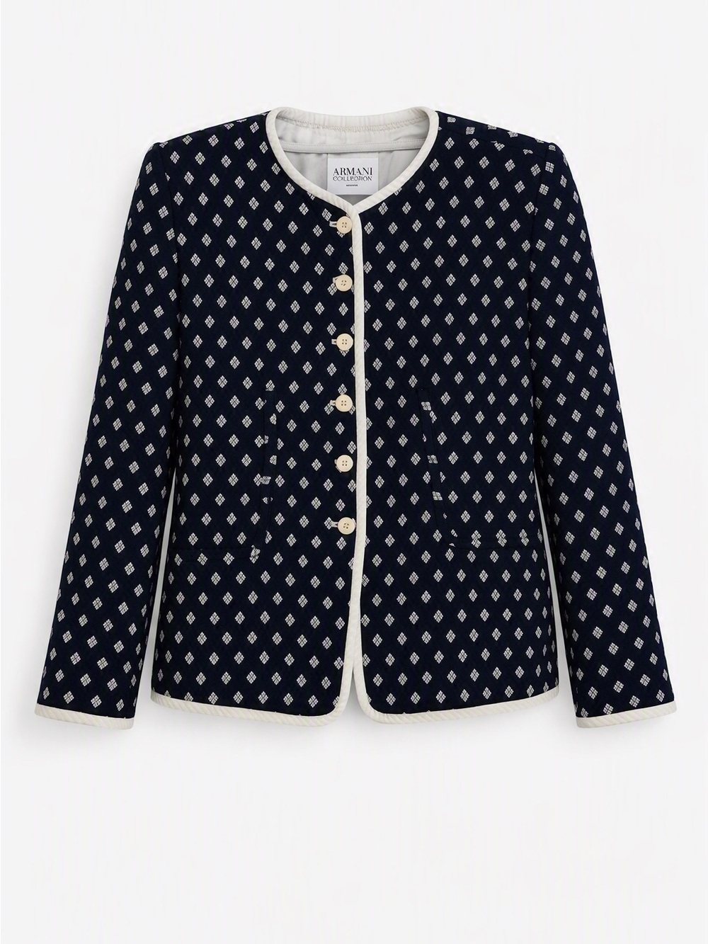Armani Collezioni Jacquard Knit Jacket – Size 6 - Navy • Diamond Pattern